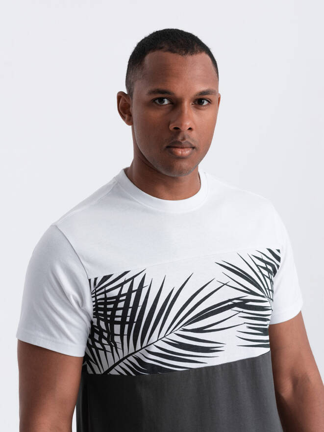 Pánské dvoubarevné tričko s potiskem palmových listů - grafitová V2 OM-TSPT-0177