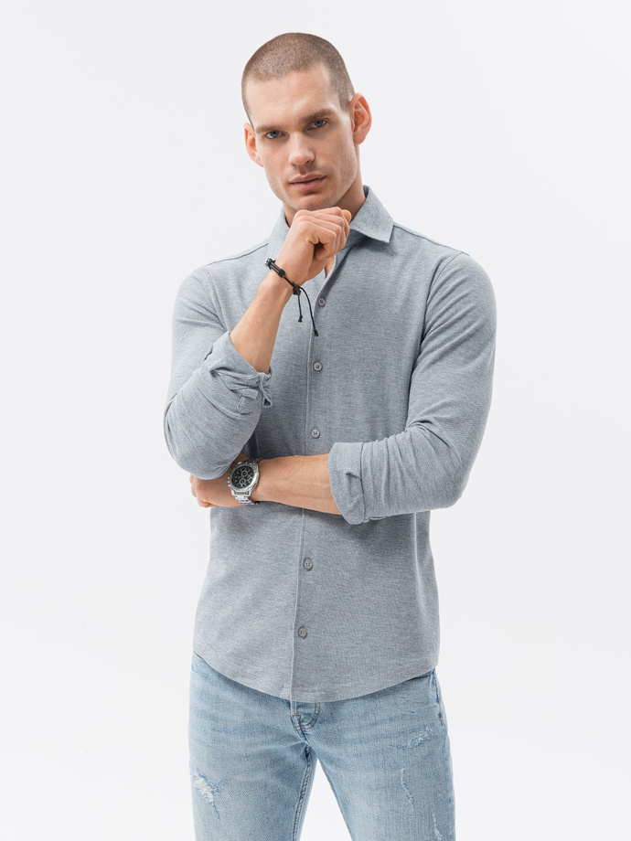 Pánská pletená košile s dlouhým rukávem - šedá V5 K540