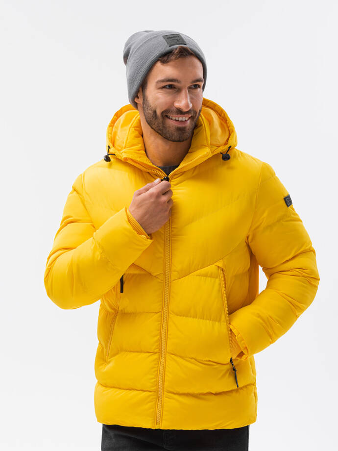 Pánská zimní bunda s neobvyklým prošíváním - žlutá V1 OM-JAHP-0127