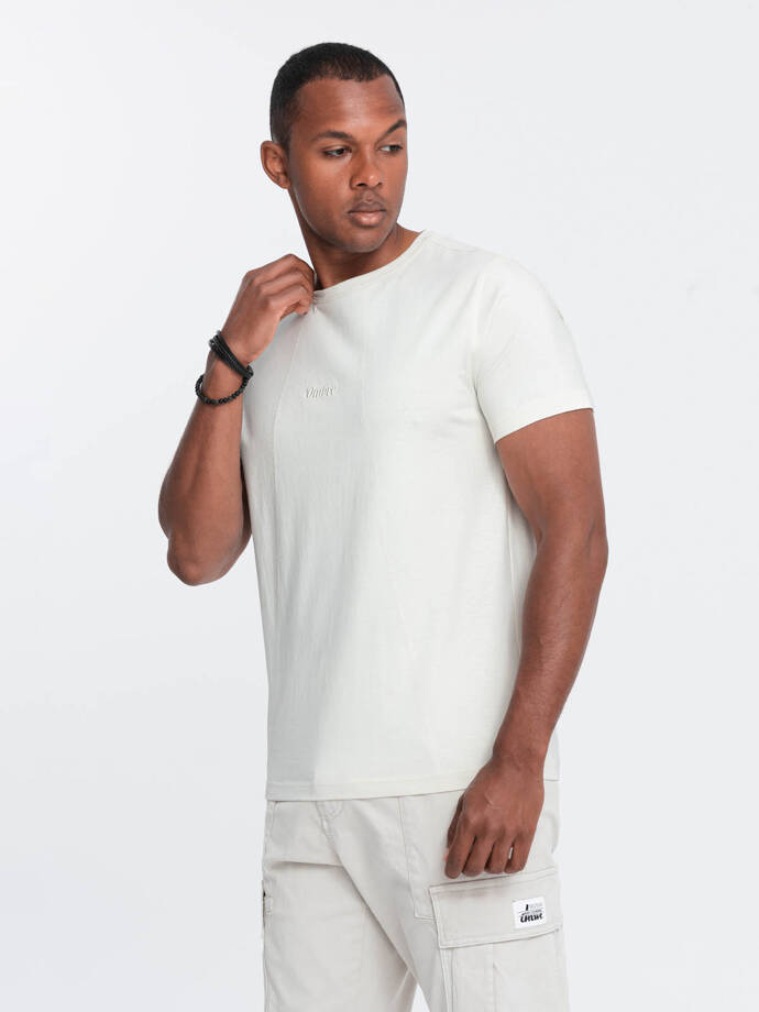 Pánské bavlněné tričko s jemnou výšivkou - krémové V2 OM-TSCT-0170
