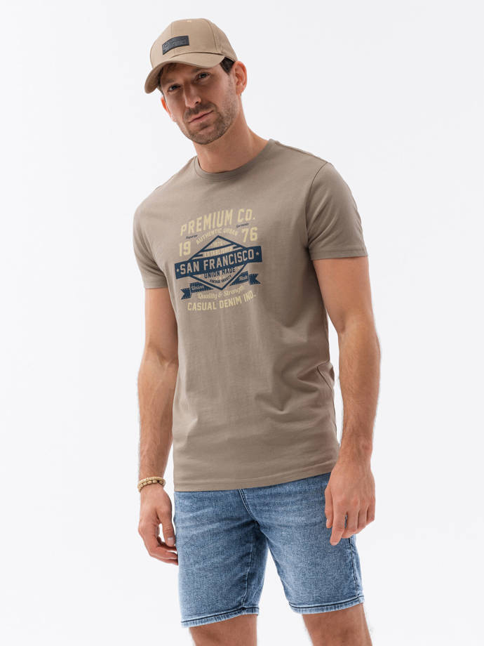 Pánské bavlněné tričko s potiskem - světle hnědé V4 S1732