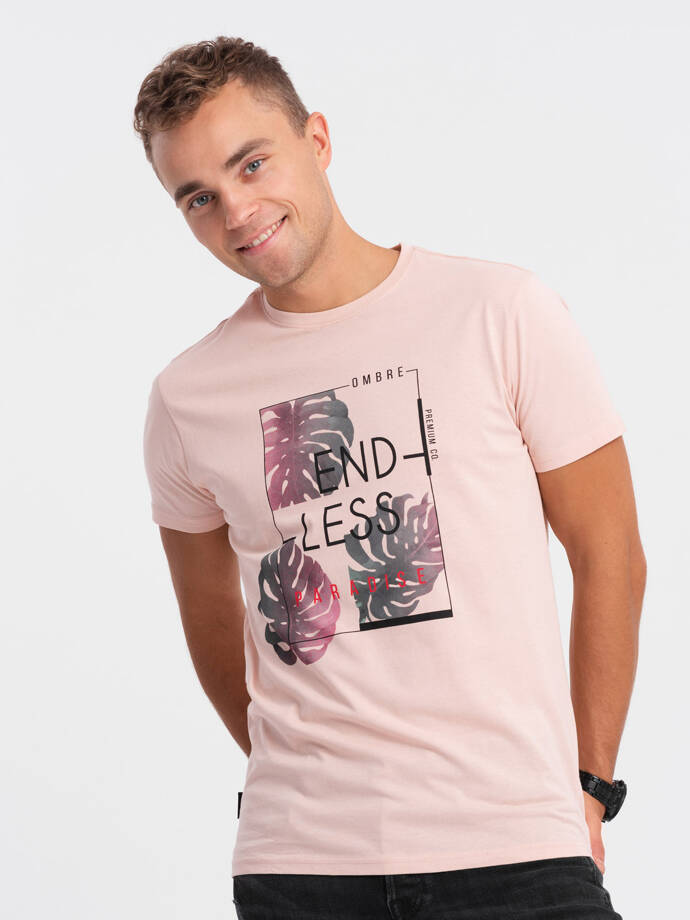 Pánské bavlněné tričko s potiskem - světle růžové V2 S1741