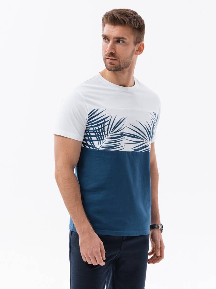 Pánské dvoubarevné tričko s potiskem palmových listů - tmavě modré V1 OM-TSPT-0177