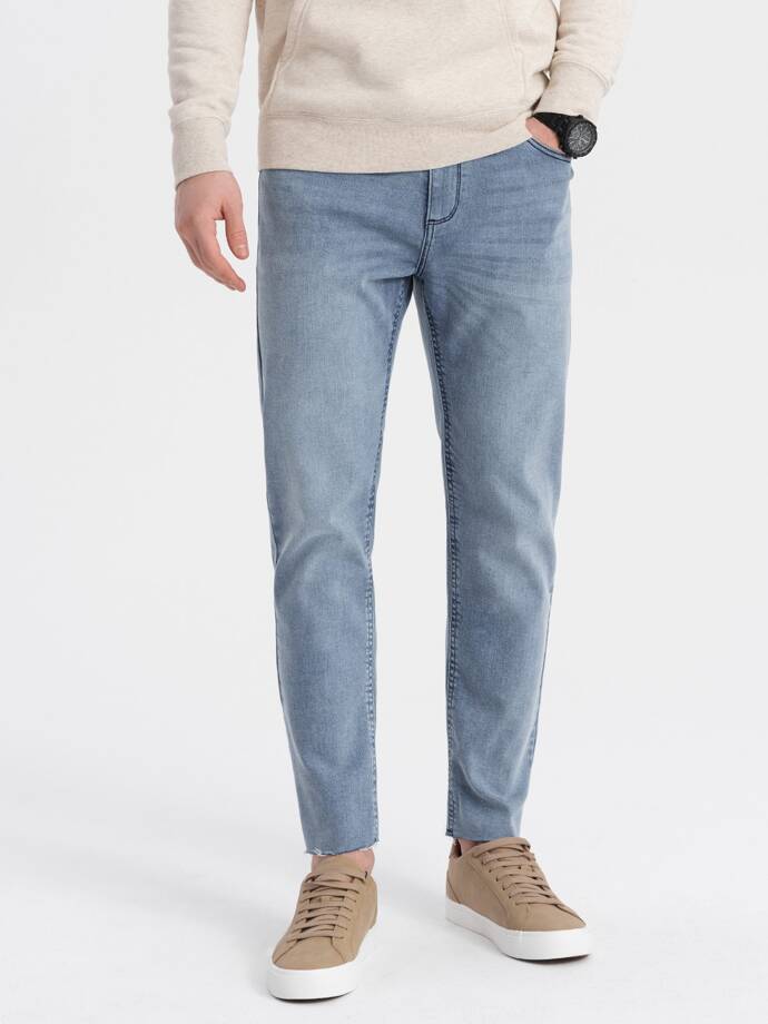 Pánské džínové kalhoty s drsným lemem a nohavicemi SLIM FIT - světle modré V2 OM-PADP-0146