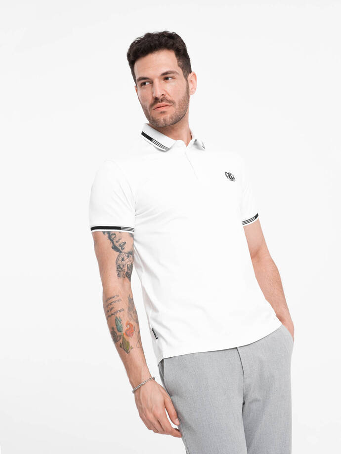 Pánské elastanové polo tričko s kontrastními prvky - bílé V1 OM-POSS-0123