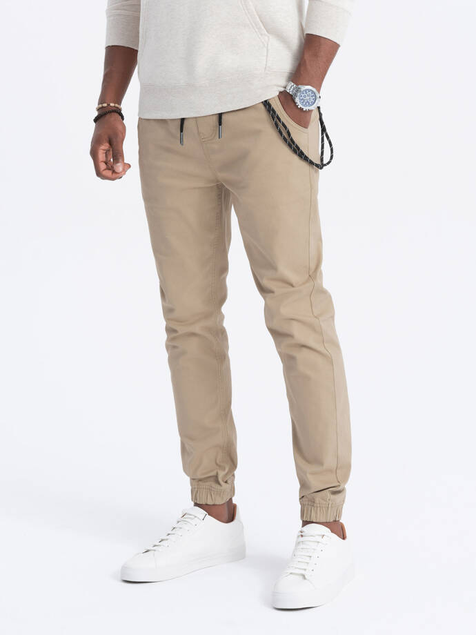 Pánské látkové kalhoty JOGGERS s ozdobnou šňůrkou - béžové V5 P908
