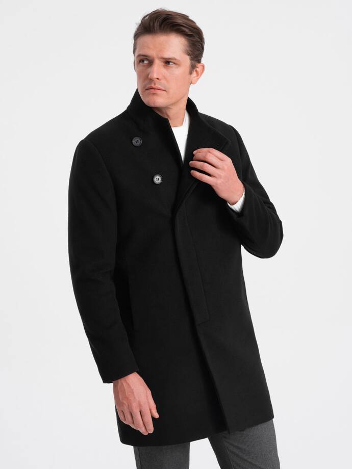 Pánský kabát s asymetrickým zapínáním - černý V2 OM-COWC-0102