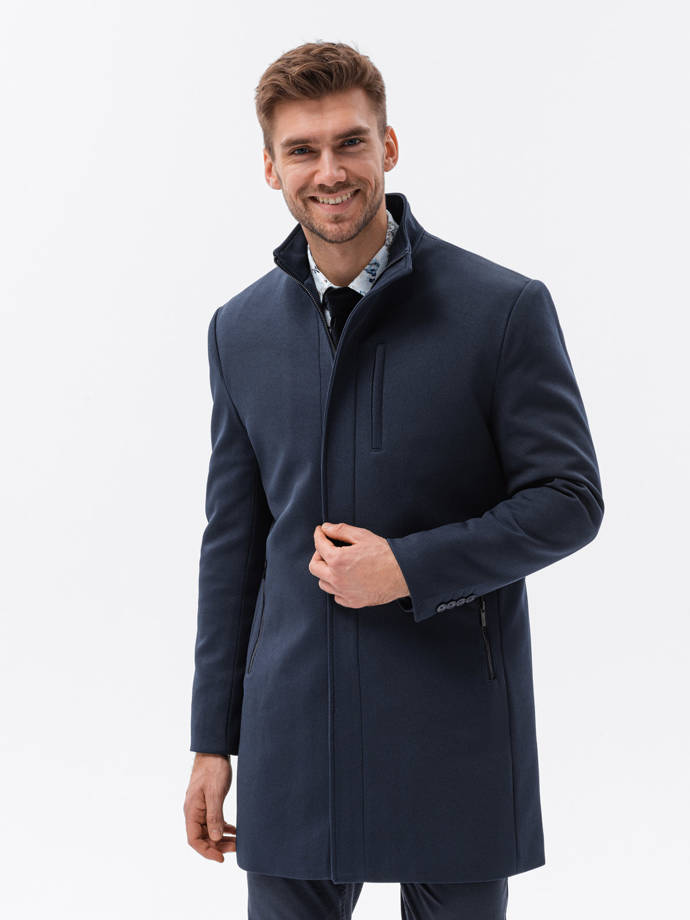 Pánský kabát se stojáčkem a prošívanou podšívkou - tmavě modrý V2 OM-COWC-0103