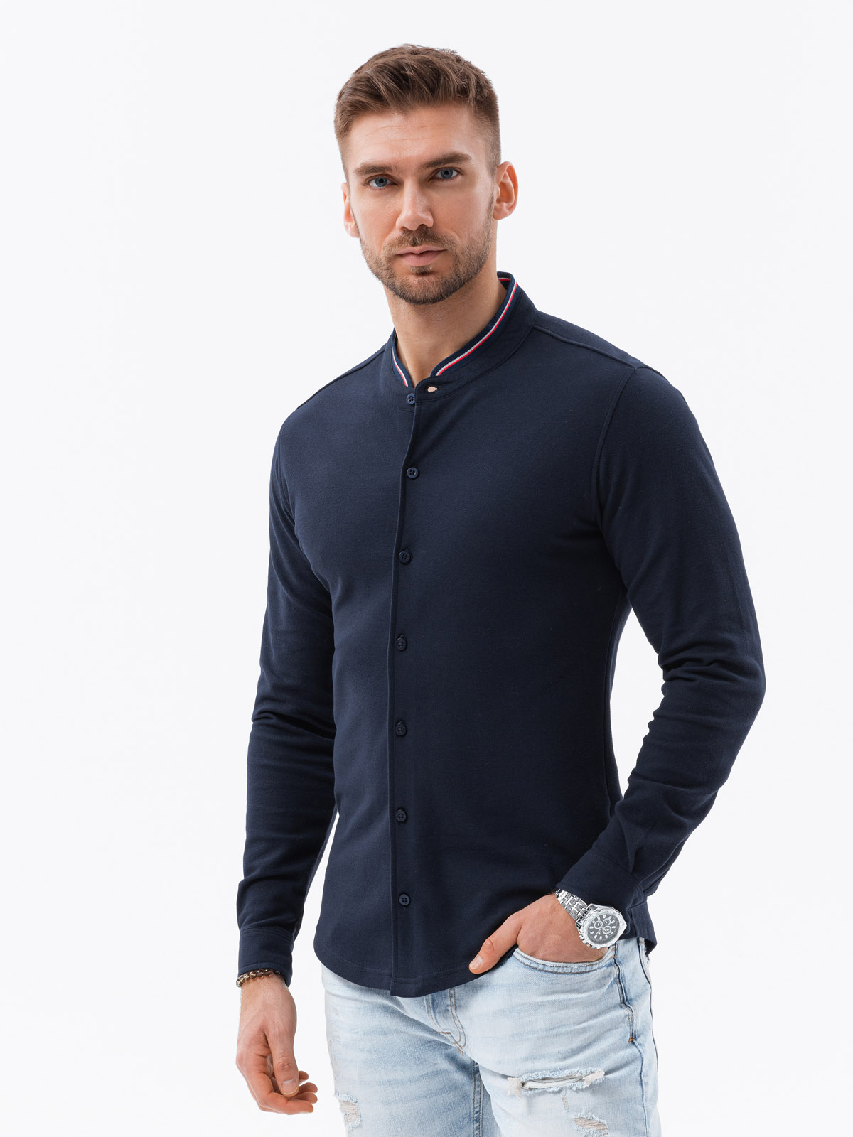 Levně Pánská pletená košile s dlouhým rukávem - tmavě modrá V2 K542
