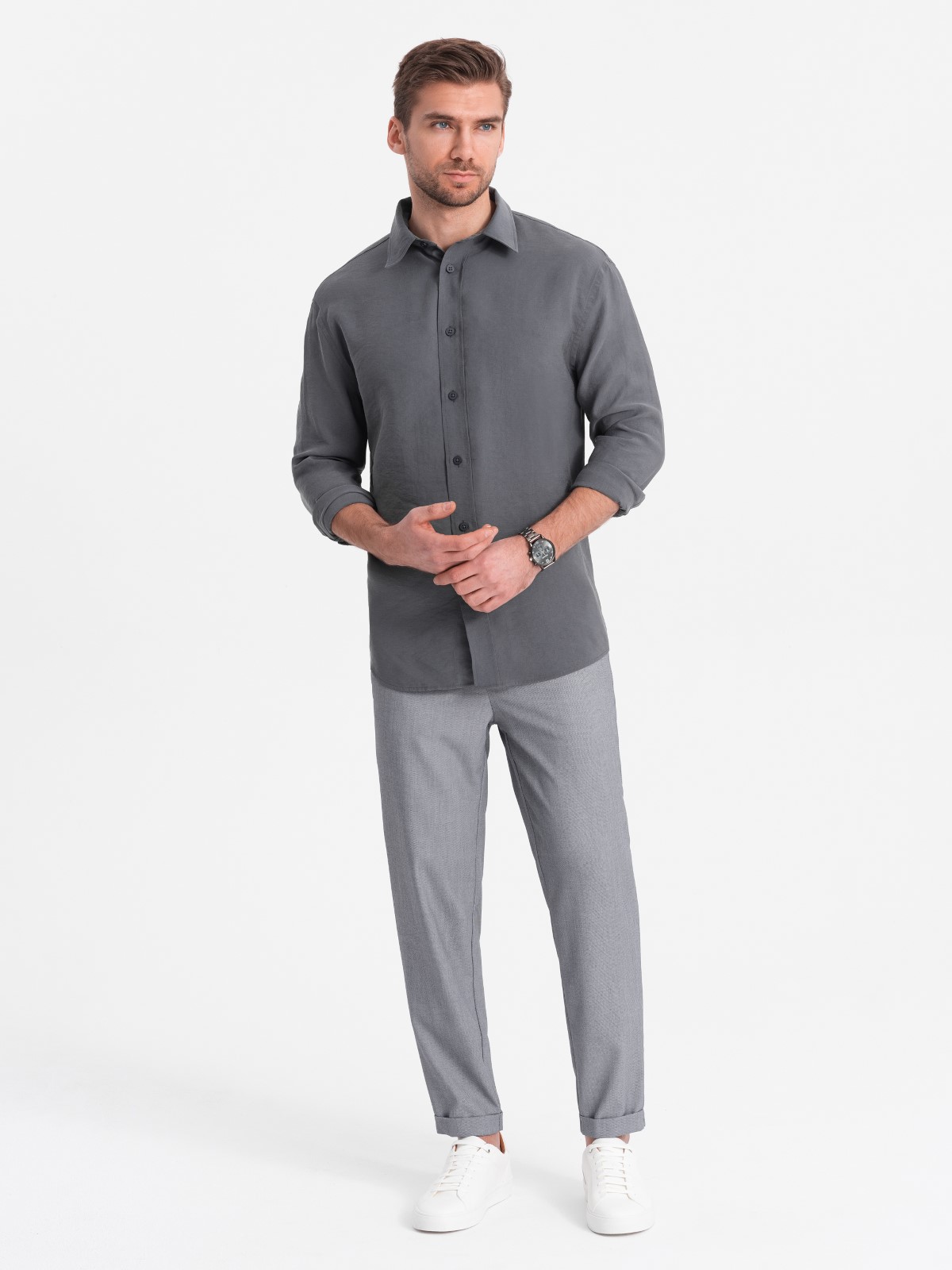 Levně Pánské chino kalhoty s elastickým pasem SLIM FIT - šedé V2 OM-PACP-0157