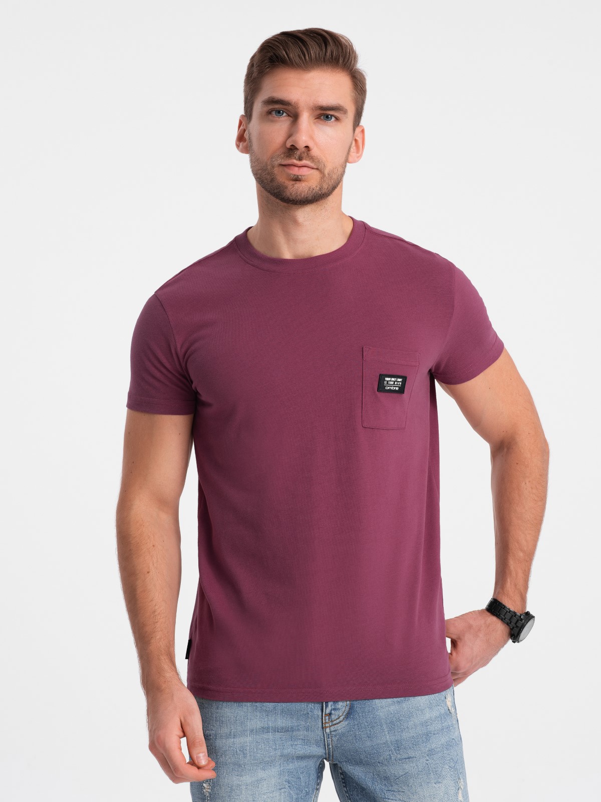 Levně Pánské bavlněné tričko s kapsou - tmavě růžové V5 S1743