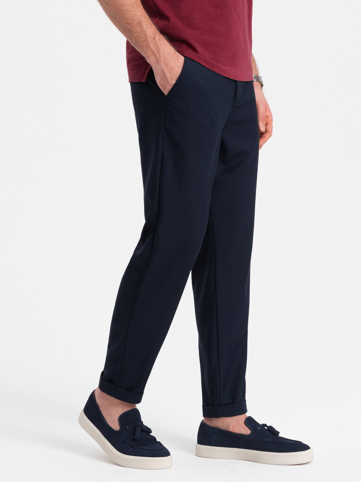 Levně Pánské chino kalhoty s elastickým pasem SLIM FIT - tmavě modré V3 OM-PACP-0157