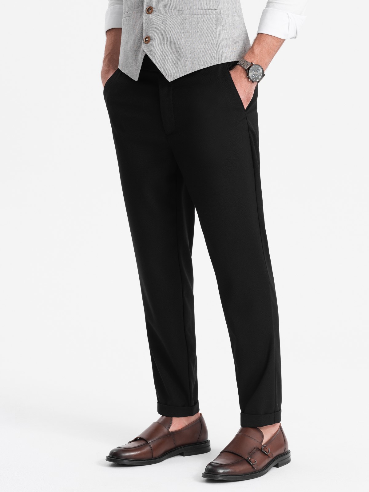 Levně Pánské chino kalhoty s elastickým pasem SLIM FIT - černé V4 OM-PACP-0157
