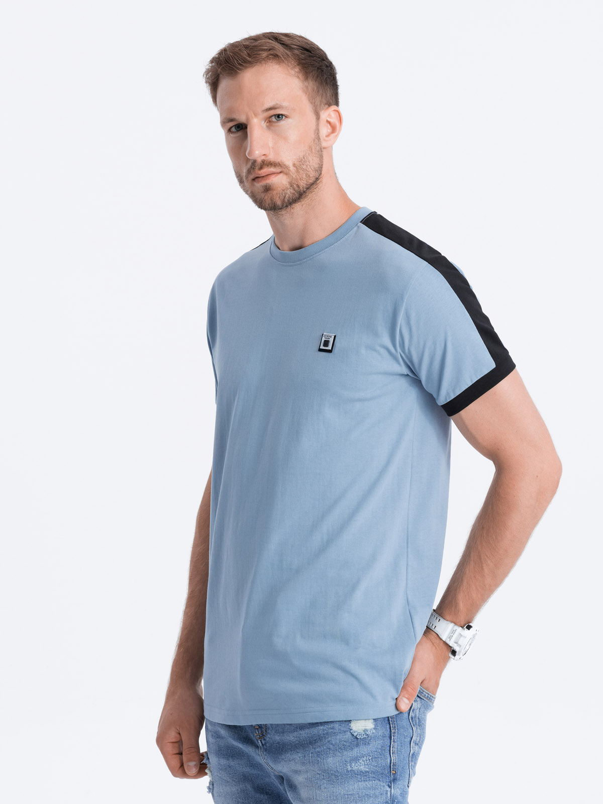Levně Pánské bavlněné tričko s kontrastními vsadkami - modré V3 S1632