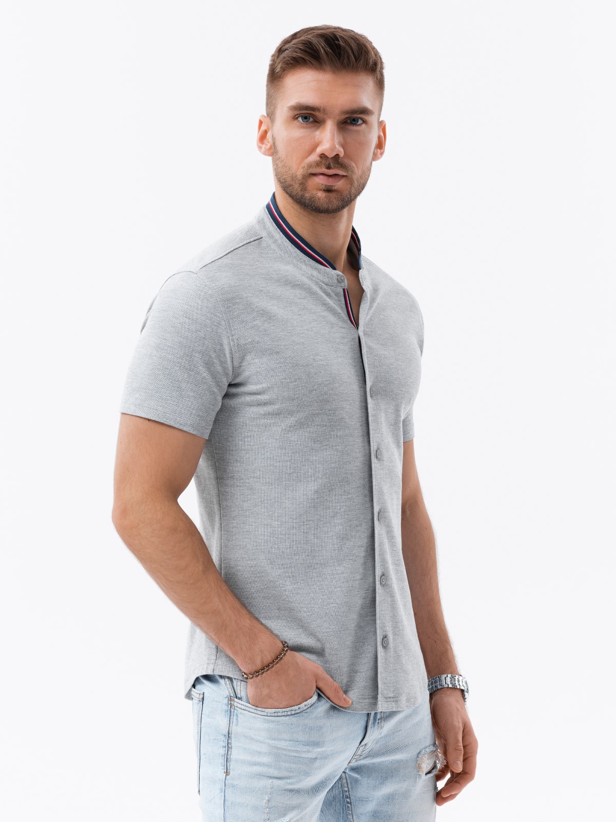 Levně Pánská pletená košile s krátkým rukávem - šedá V5 K543