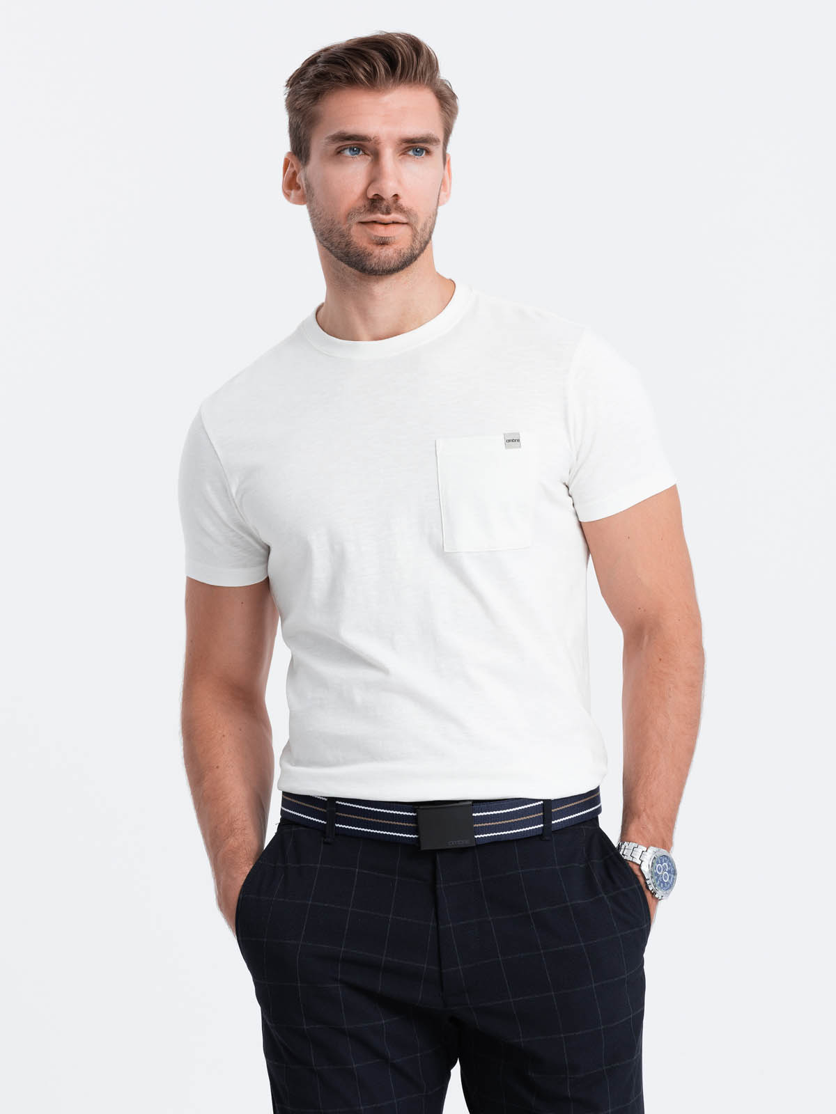 Levně Pánské pletené tričko s kapsičkou - ecru V7 S1621