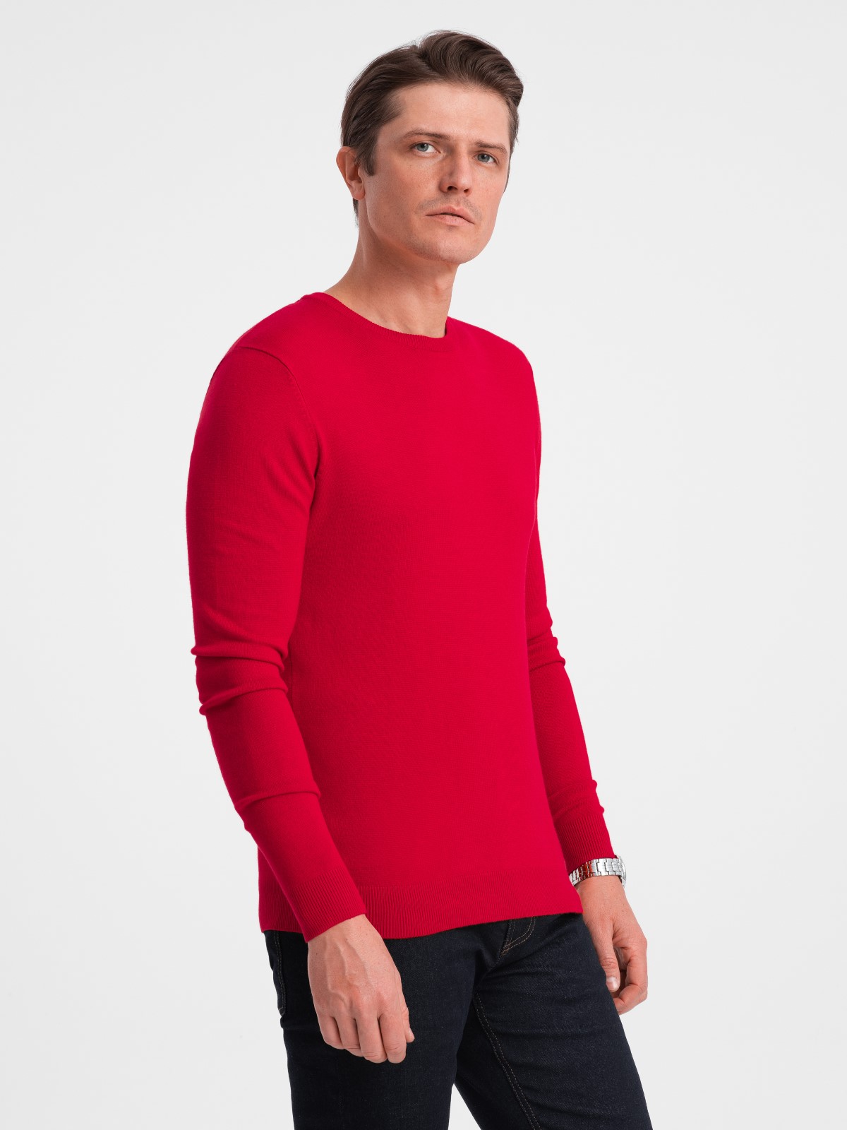 Levně Klasický pánský svetr s kulatým výstřihem - červený V5 OM-SWBS-0106