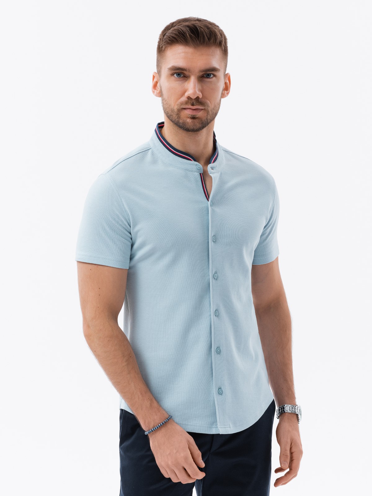Levně Pánská pletená košile s krátkým rukávem - modrá V3 K543