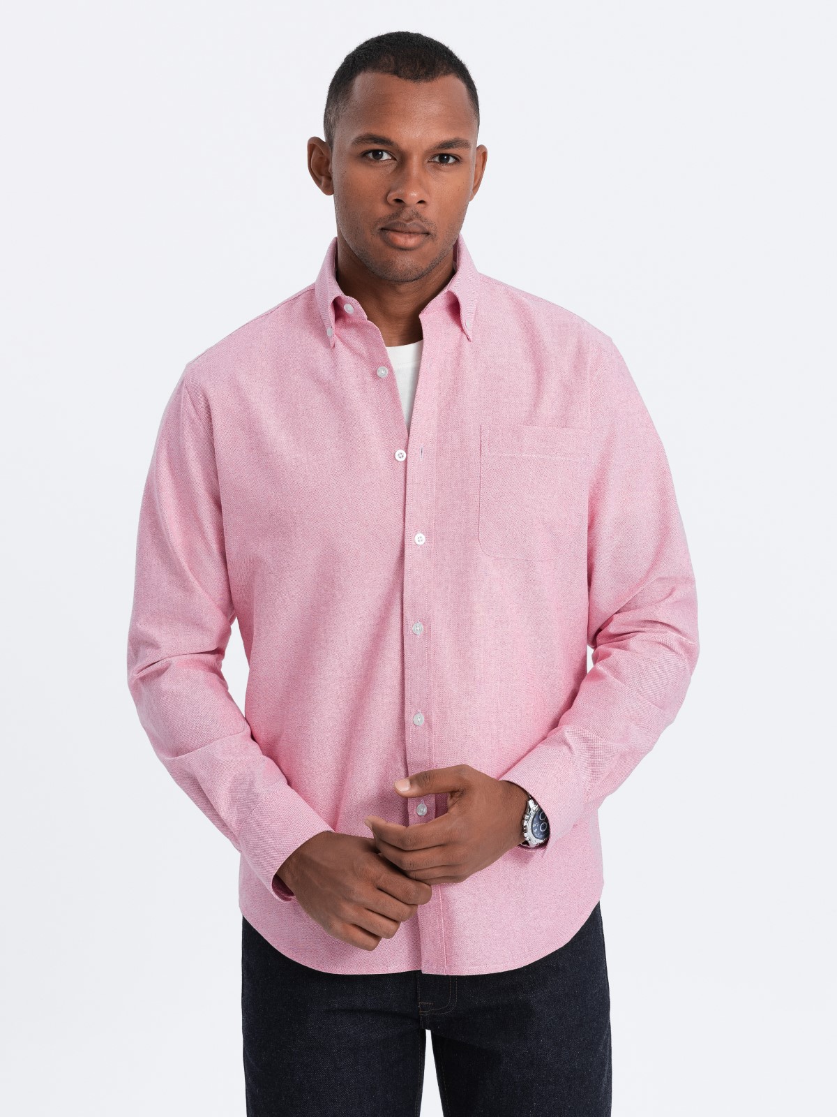 Levně Pánská košile Oxford REGULAR - růžová V3 OM-SHOS-0108