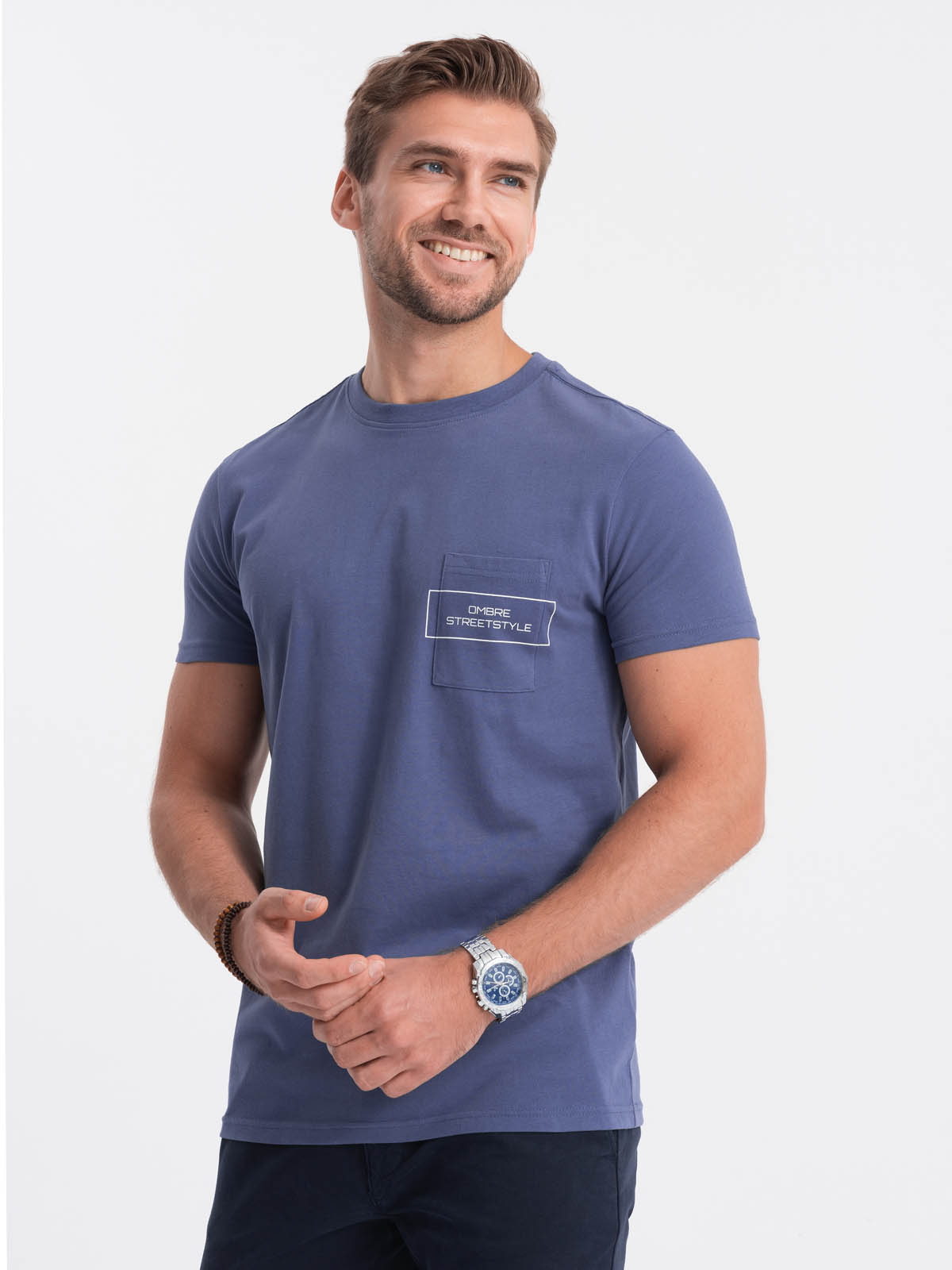 Levně Pánské bavlněné tričko s potiskem kapes - modré V9 S1742