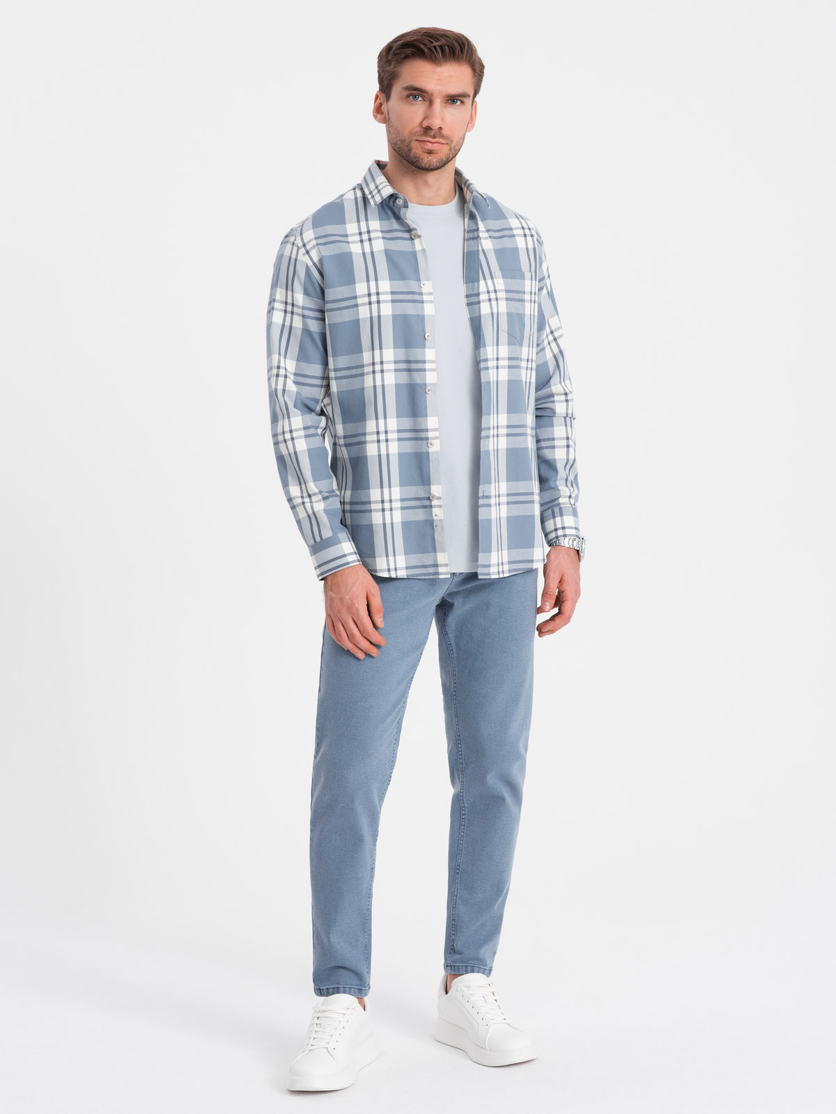 Levně Pánské džínové kalhoty bez oděru SLIM FIT - modré V3 OM-PADP-0148