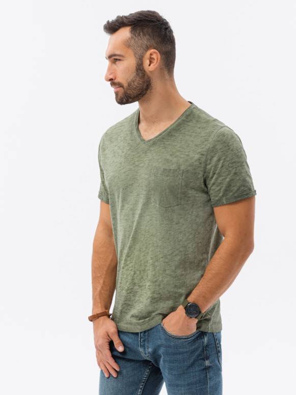 Levně Pánské tričko bez potisku - olivová S1388