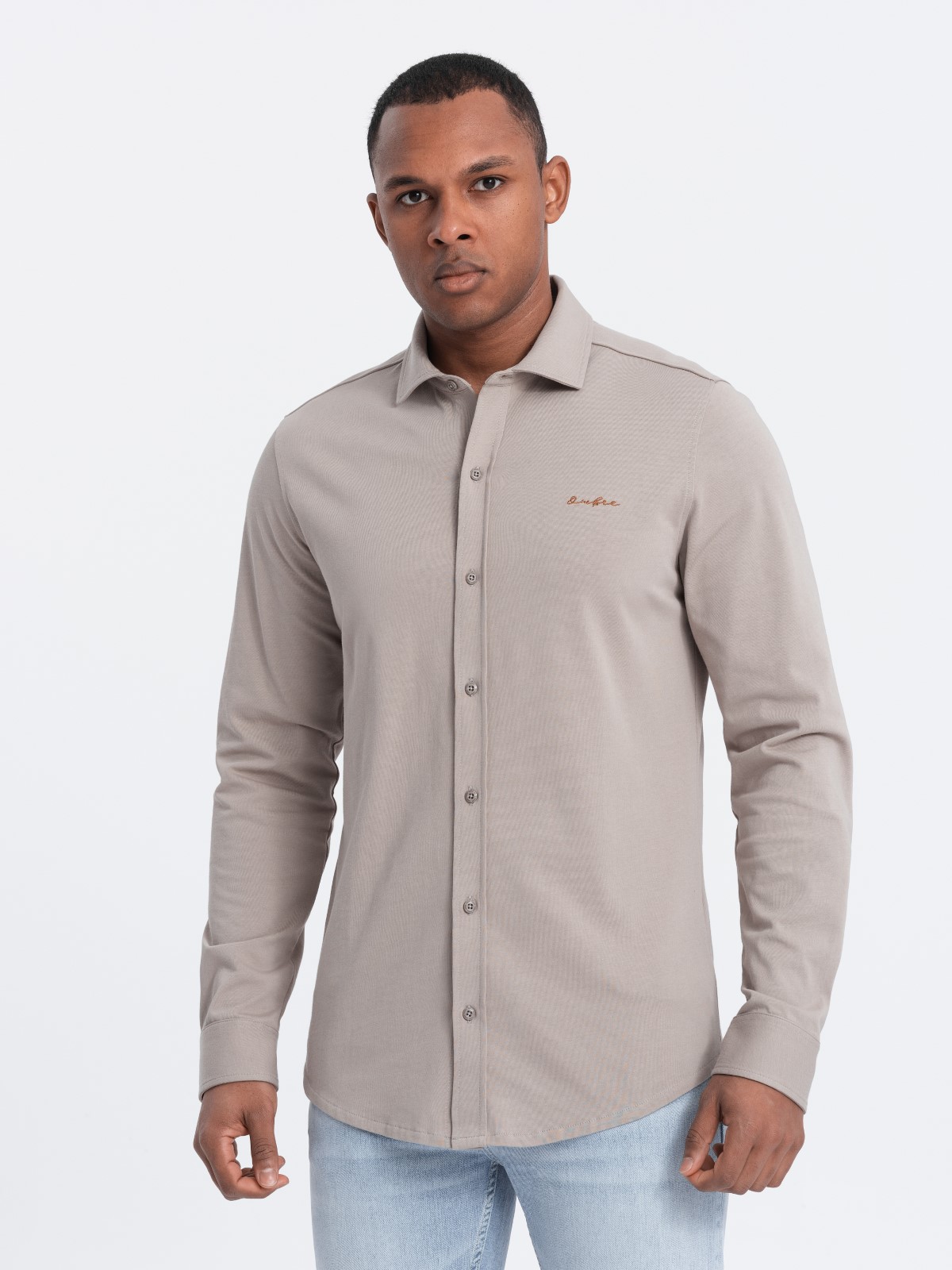 Levně Pánská bavlněná košile REGULAR z jednoduchého žerzejového úpletu - popel V5 OM-SHCS-0138