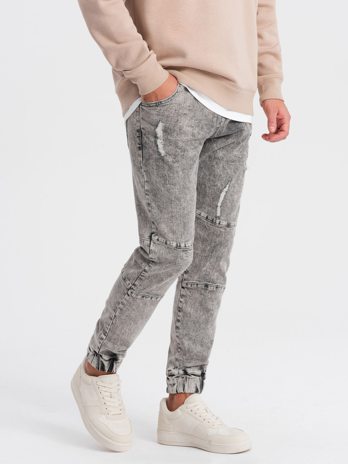 Levně Pánské mramorované kalhoty JOGGER s odřením - šedé V3 OM-PADJ-0153