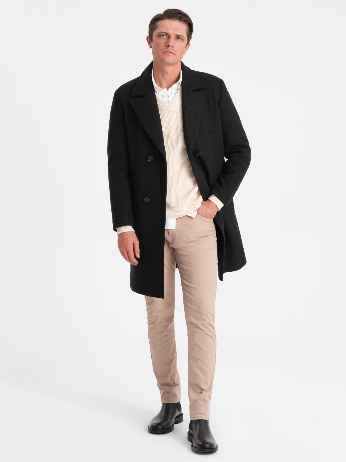Levně Pánský dvouřadový kabát s podšívkou - černý V4 OM-COWC-0107