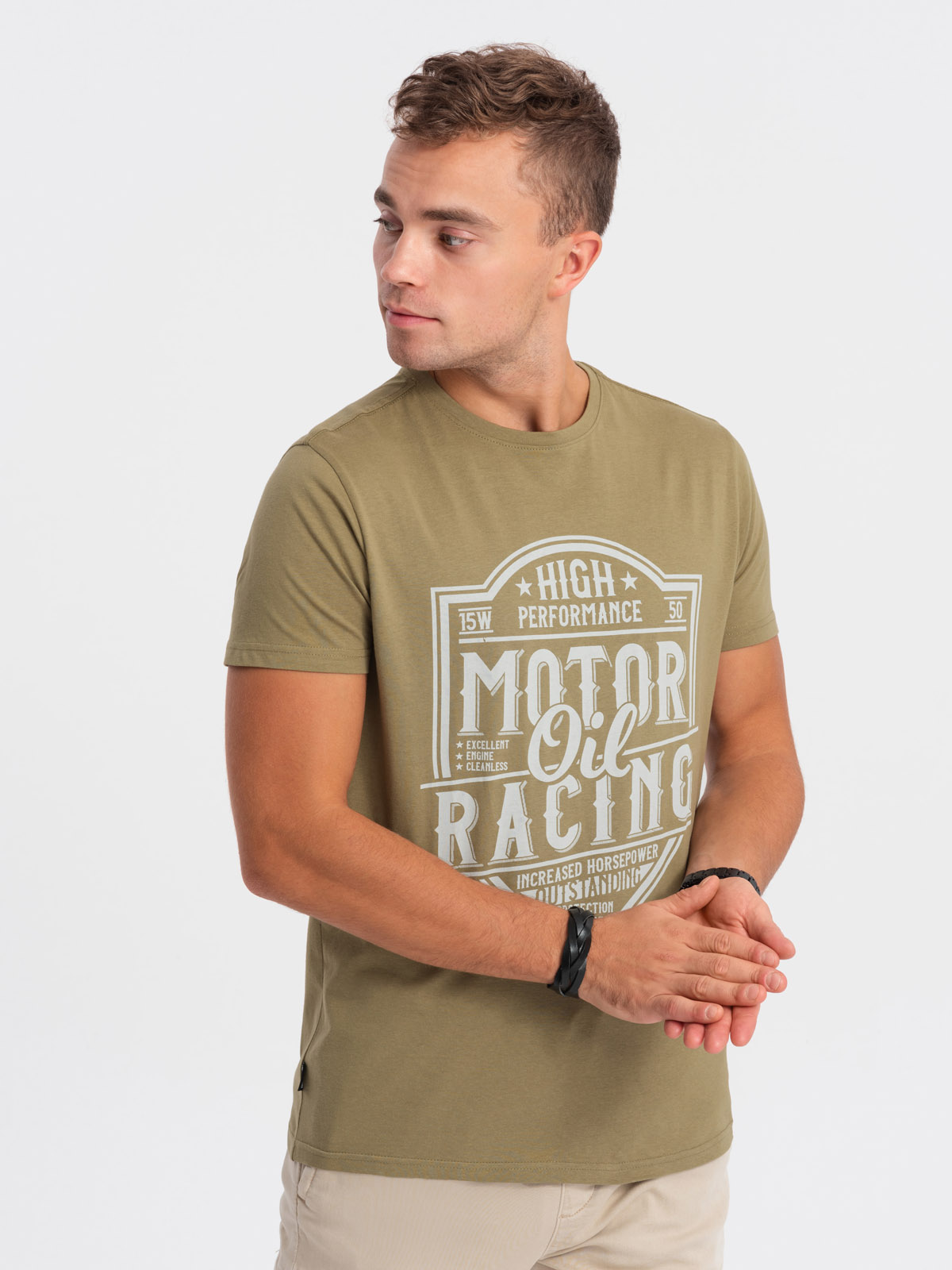 Levně Pánské bavlněné tričko s potiskem - olivové V2 S1735