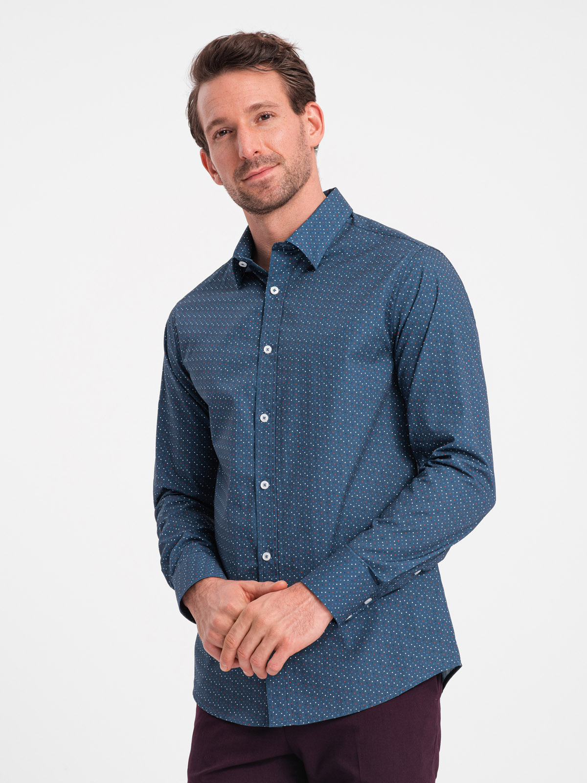 Levně Pánská bavlněná vzorovaná košile SLIM FIT - modrá V4 OM-SHCS-0151