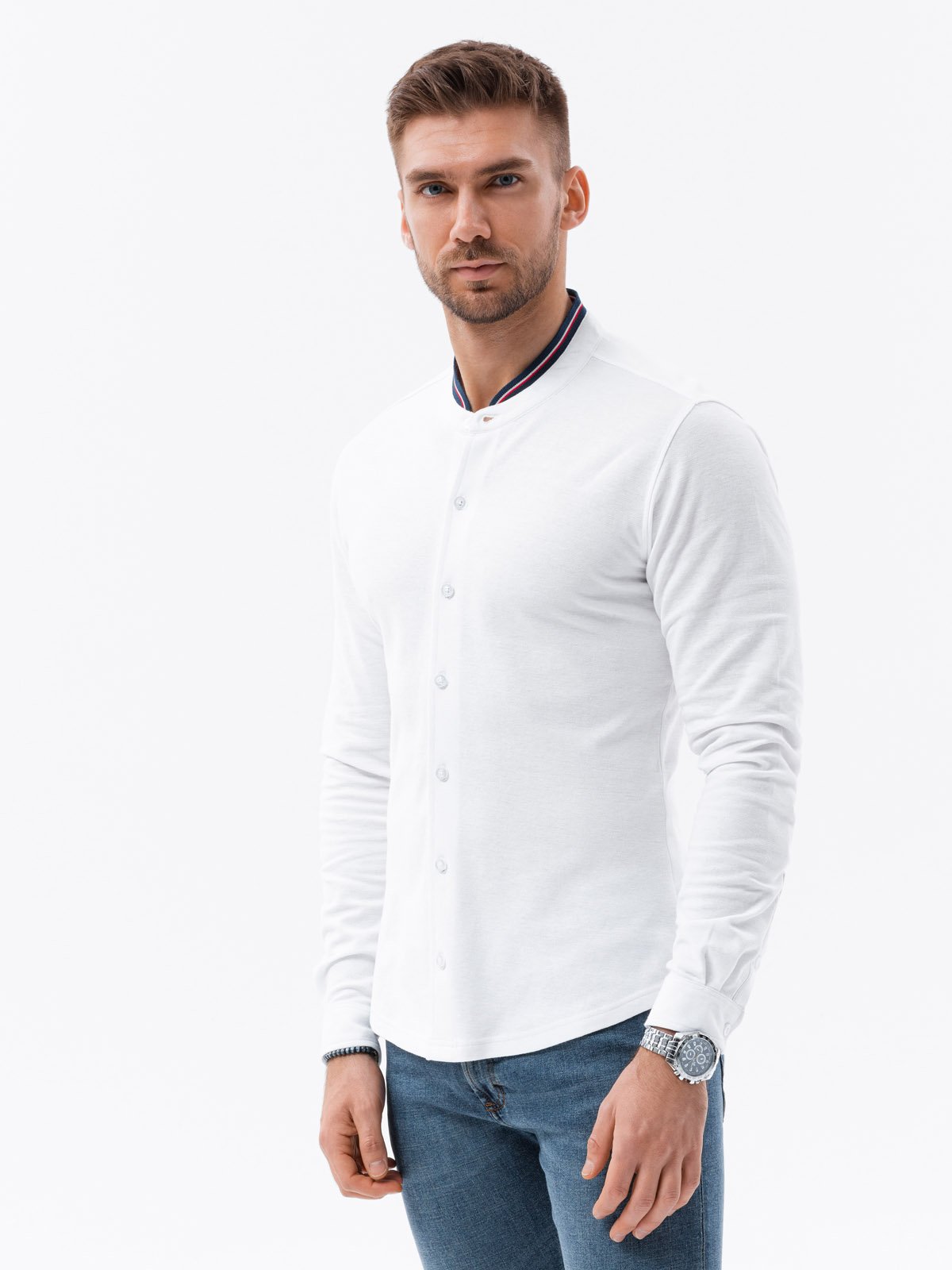 Levně Pánská pletená košile s dlouhým rukávem - bílá V1 K542