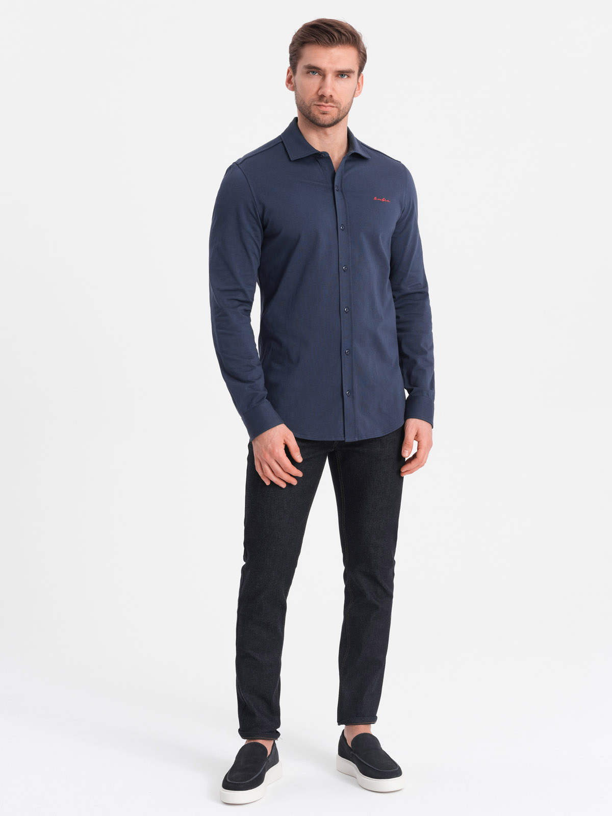 Levně Pánská bavlněná košile REGULAR z jednoduchého žerzeje - tmavě modrá V2 OM-SHCS-0138