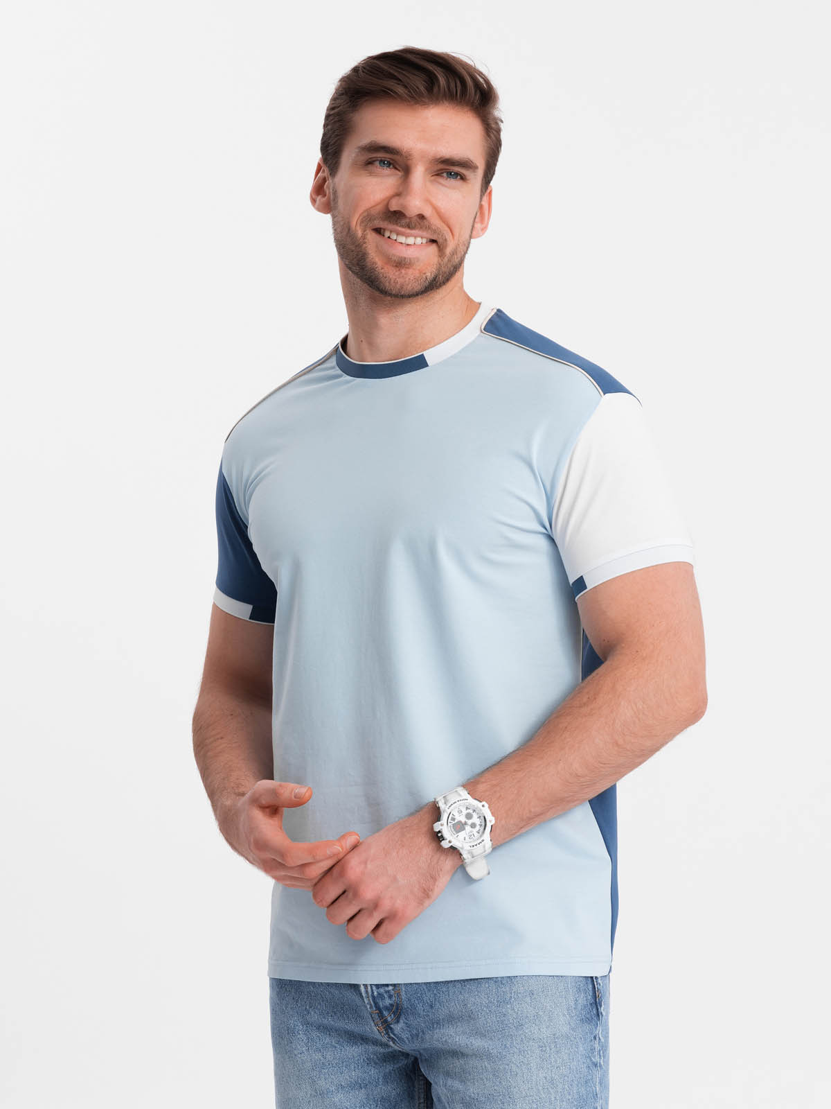 Levně Pánské elastanové tričko s rukávy s límečkem - modré V2 OM-TSCT-0176