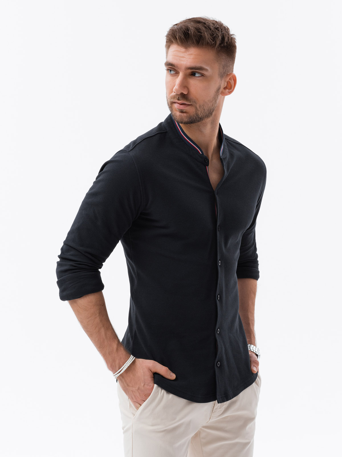 Levně Pánská pletená košile s dlouhým rukávem - černá V4 K542