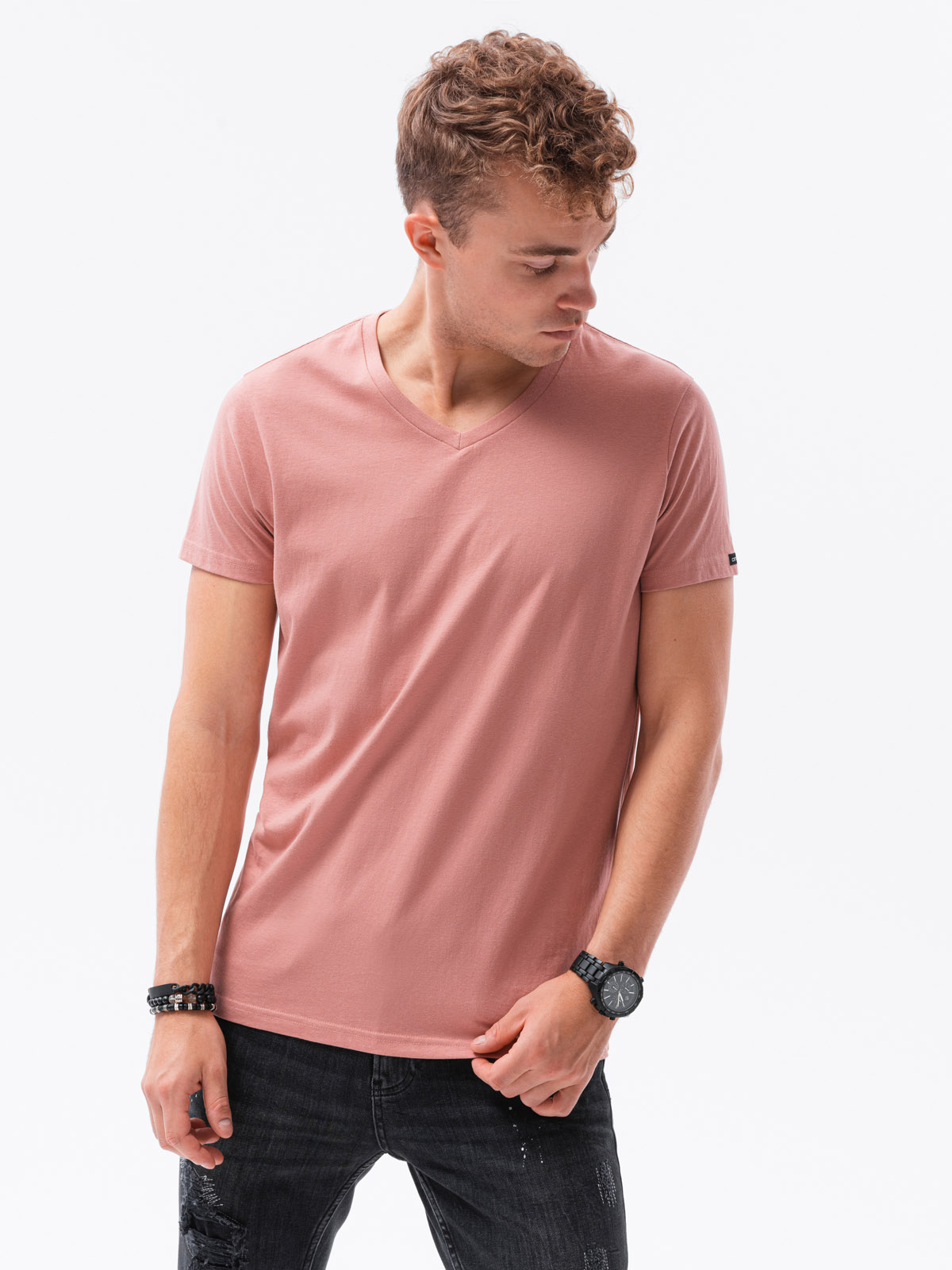 Levně Klasické pánské tričko BASIC s výstřihem - růžové V7 S1369