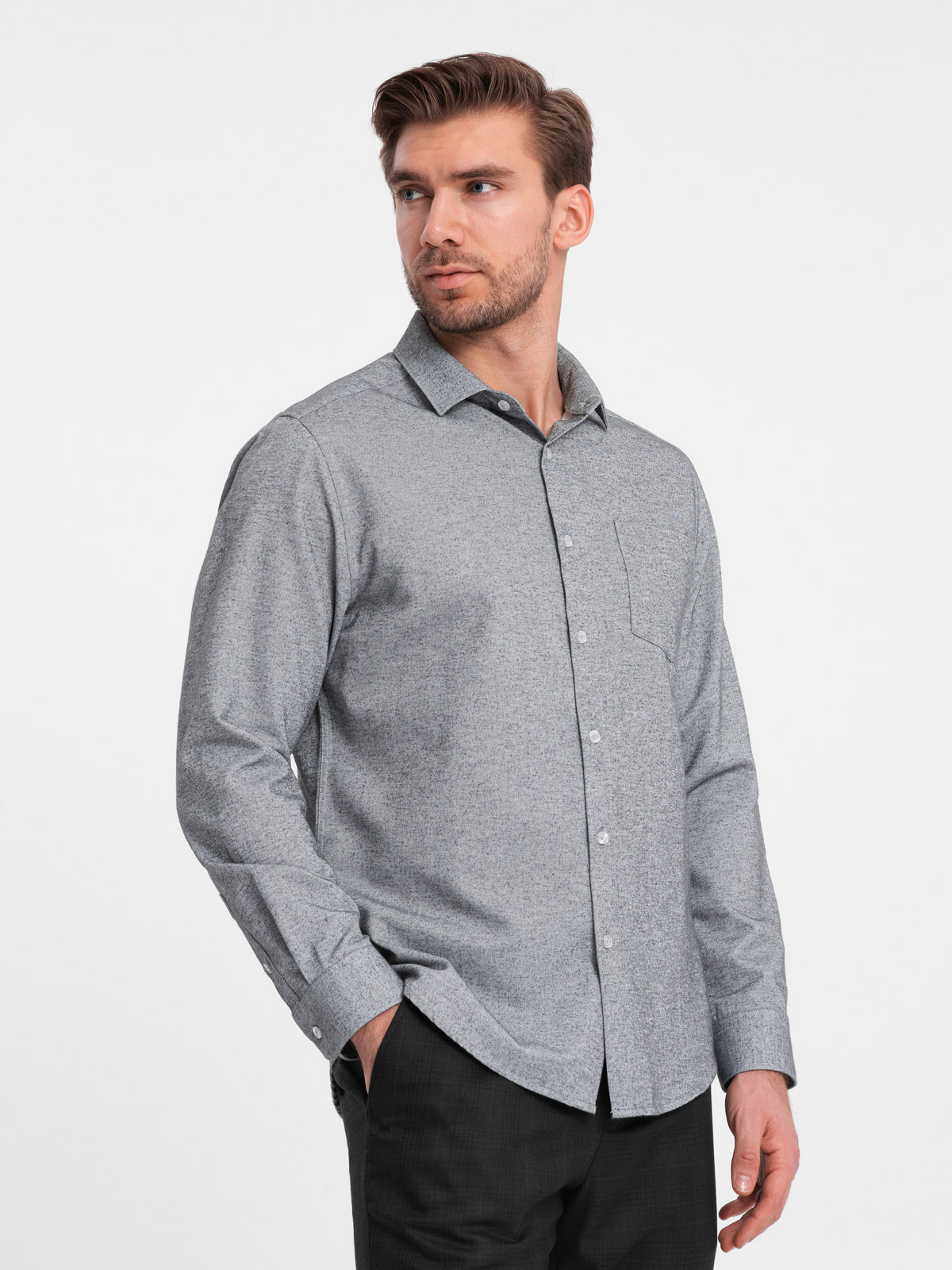 Levně Pánská košile REGULAR FIT s kapsou - šedá melanž V3 OM-SHCS-0148