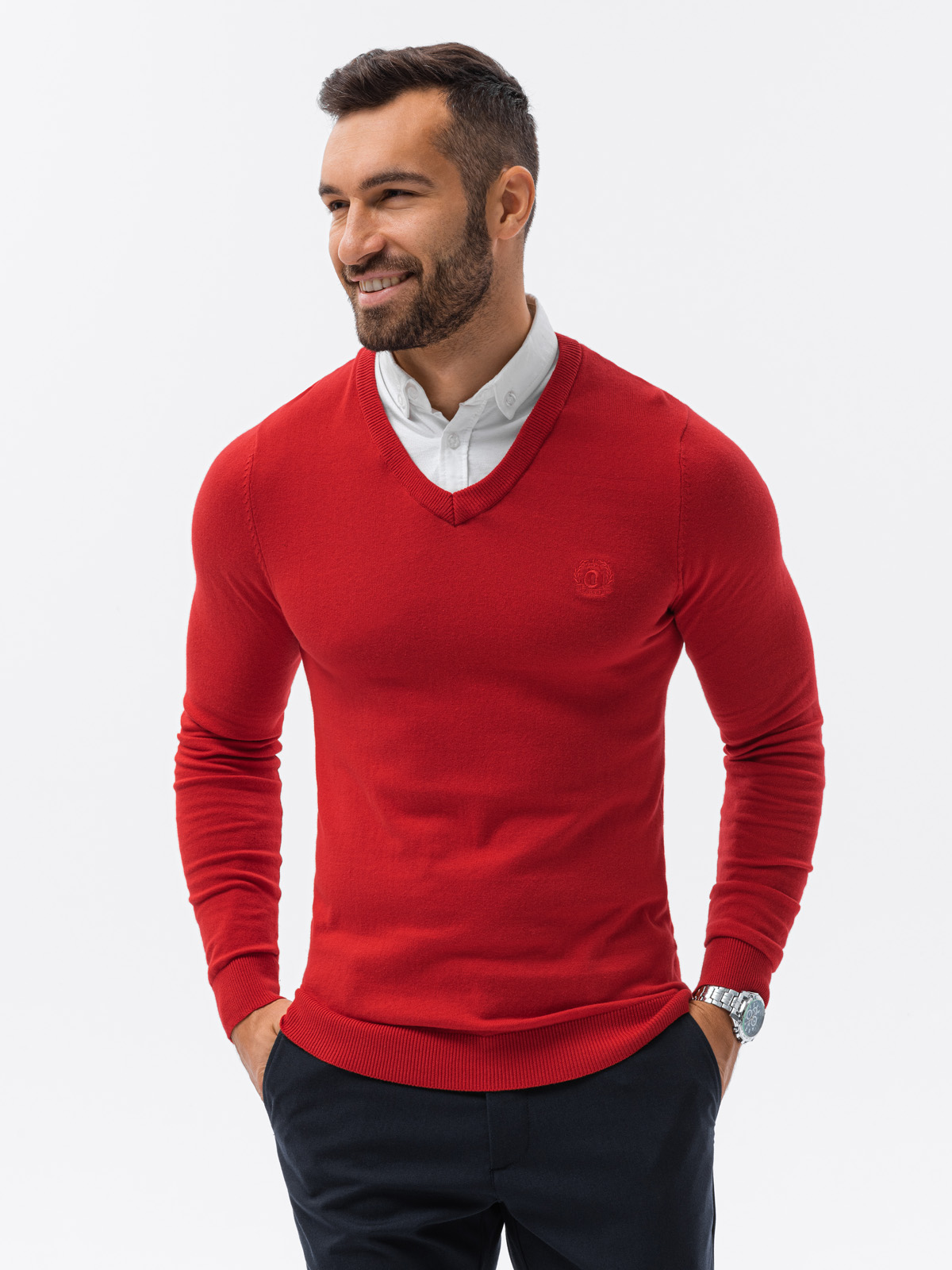 Levně Pánský svetr s bílým límcem - červený V4 E120
